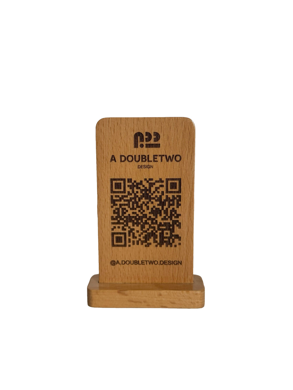 Wooden phone stand with QR code and branding on a white background